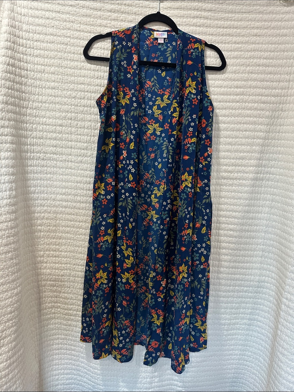 LuLaRoe Sleeveless Duster in Navy with Floral in Coral Yellow and Green